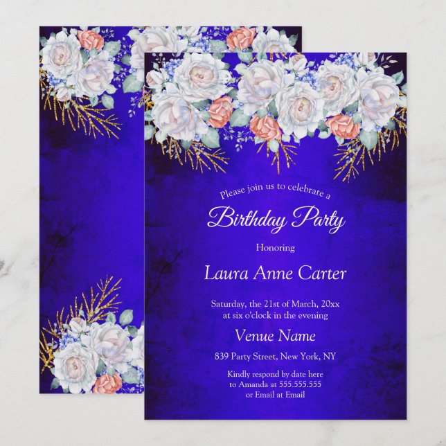 Invitation Blue Gold Floral Coral fête d'anniversaire (Devant / Derrière)