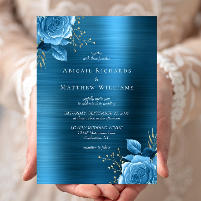 Invitation Blue Gold Floral Turquoise brossé Mariage métalliq (Créateur téléchargé)