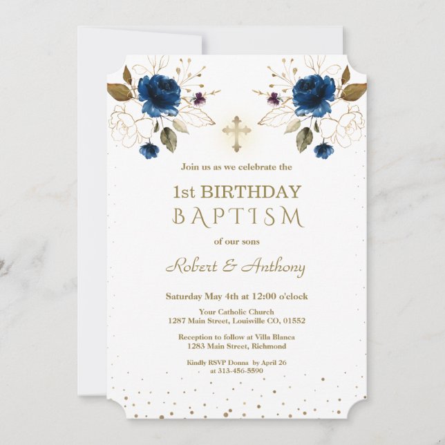 Invitation Blue Gold Flowers garçons jumeaux 1er anniversaire (Devant)