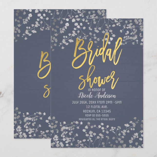 Invitation Blue Gold Foil Bébé's Breath Fête des mariées mode (Devant / Derrière)