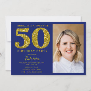 Invitation Blue Gold Glitter 50e Anniversaire Photo