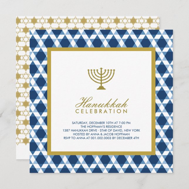 Invitation Blue Gold Hanoukka Star Du David Menorah Party (Devant / Derrière)