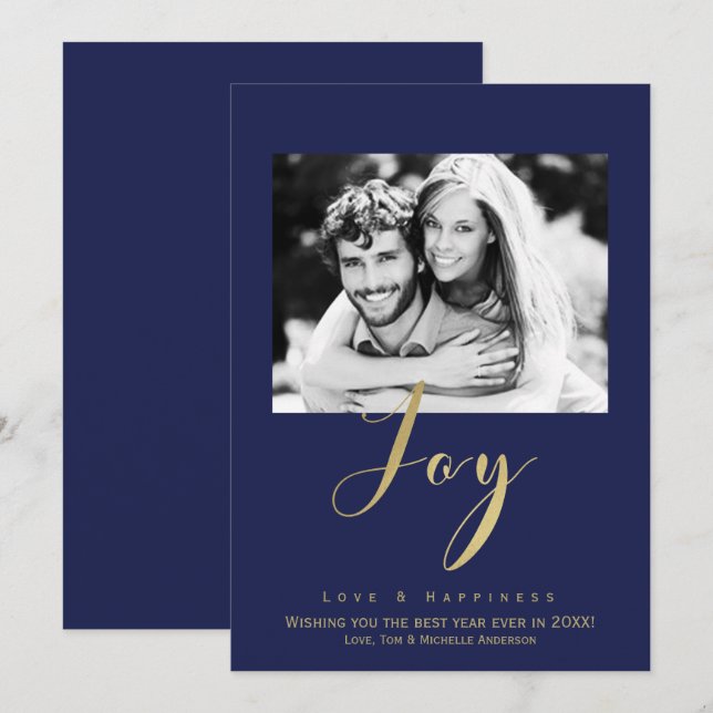 Invitation Blue & Gold JOY Vacances Nouvel An Photo Invitatio (Devant / Derrière)