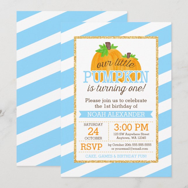 Invitation Blue Gold Little Citrouille Boy Premier anniversai (Devant / Derrière)