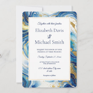 Invitation Blue Gold Marble Elegant Luxury Fluid Art Editable