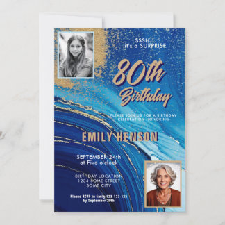 Invitation Blue Gold Marble Glitter 2 Photo 80th Birthday