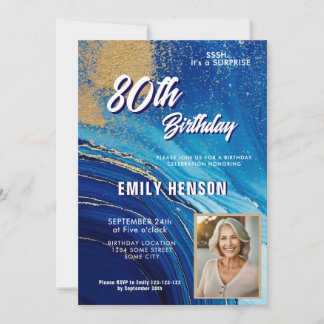Invitation Blue Gold Marble Glitter Photo 80th Birthday