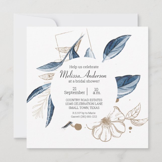 Invitation Blue Gold Moderne Floral Fête des mariées élégante (Devant)