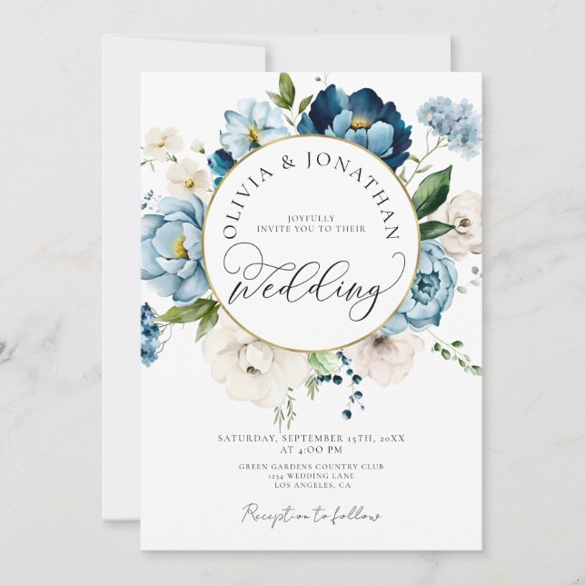 Invitation Blue Gold Navy All in 1 Budget QR Code Mariage (Devant)