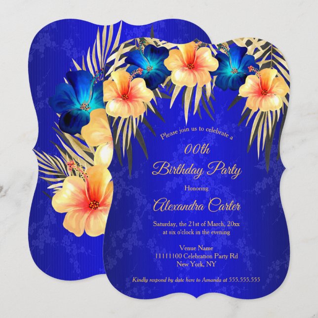 Invitation Blue Gold Palms Hibiscus Damask fête d'anniversair (Devant / Derrière)