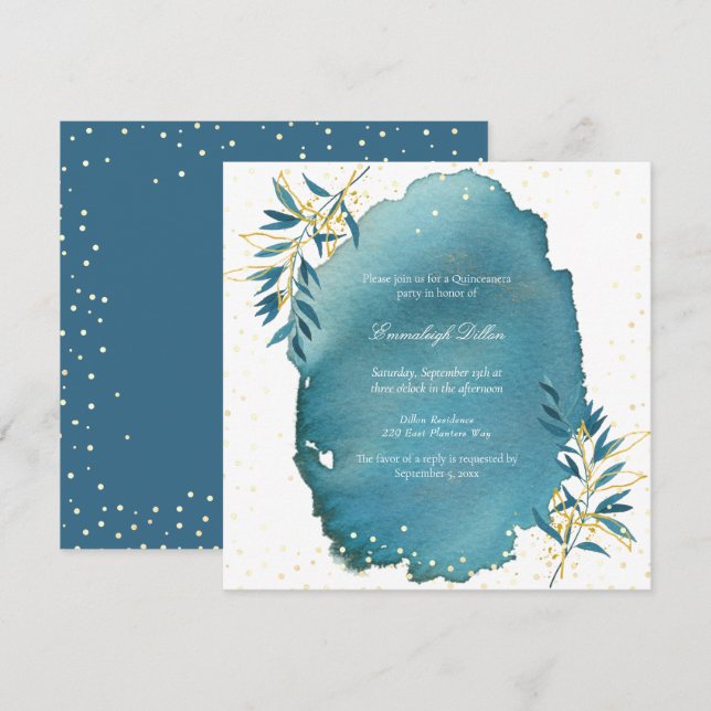 Invitation Blue Gold Parties scintillant Botanique Quinceaner (Devant / Derrière)