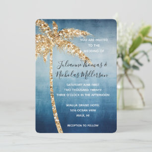 Invitation Blue Gold Parties scintillant Tropical Palm Tree M