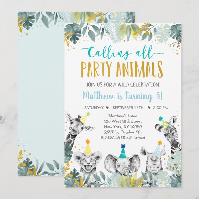 Invitation Blue Gold Party Animal Safari Anniversaire (Devant / Derrière)
