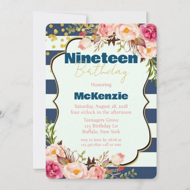 Invitation Blue Gold Peony Girl 19e fête d'anniversaire (Devant)
