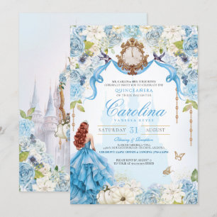 Invitation Blue Gold Princess Cinderella Royal Quinceanera