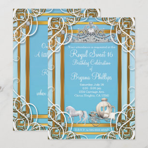 Invitation Blue Gold Princess Crown & Carriage Sweet 16 Party