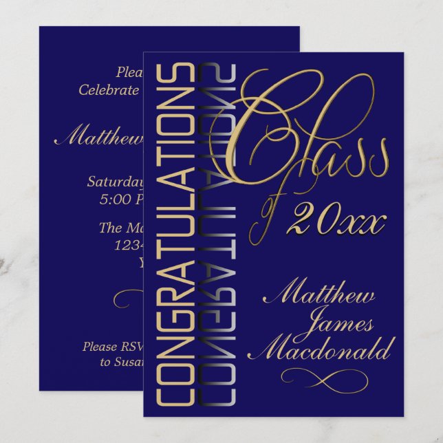 Invitation Blue Gold Reflection Classic Graduation Party (Devant / Derrière)