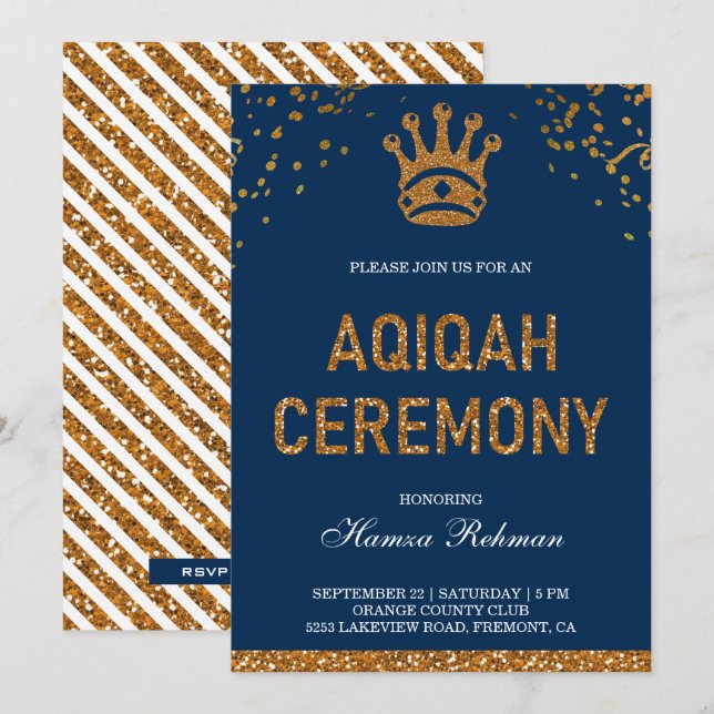 Invitation Blue Gold Royal Crown Prince Aqiqah (Devant / Derrière)