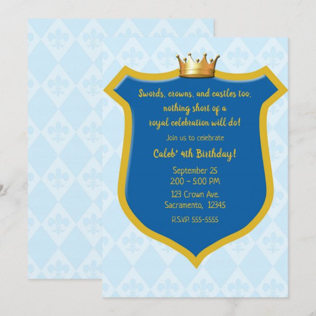 Invitation Blue & Gold Royal Shield & Crown Prince Party (Devant / Derrière)