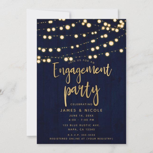Invitation Blue Gold Rustic Wood & Lights (Devant)
