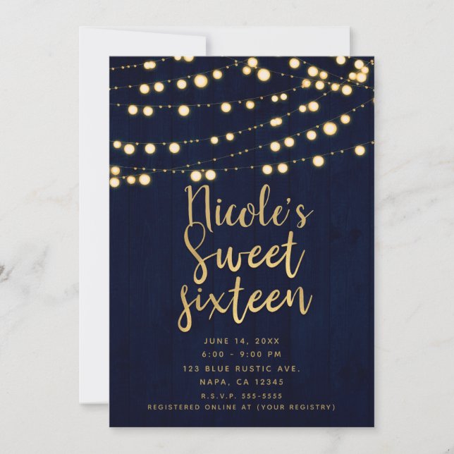 Invitation Blue Gold Rustic Wood & Lights Sweet 16 (Devant)