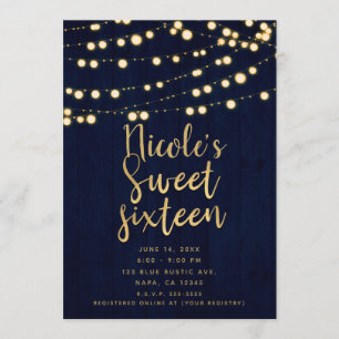 Invitation Blue Gold Rustic Wood & Lights Sweet 16