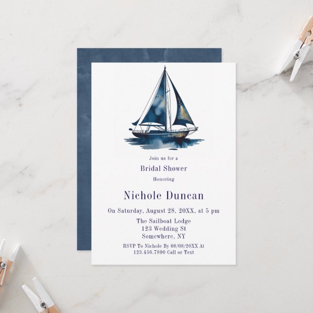 Invitation Blue & Gold Sailboat Nautical Bridal Shower (Devant/Arrière en situation)