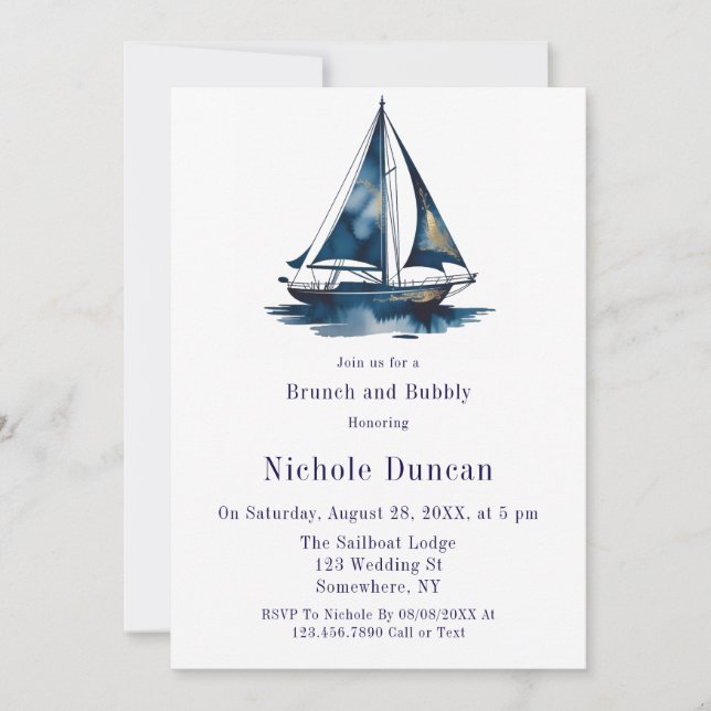 Invitation Blue & Gold Sailboat Nautical Brunch and Bubbly (Devant)
