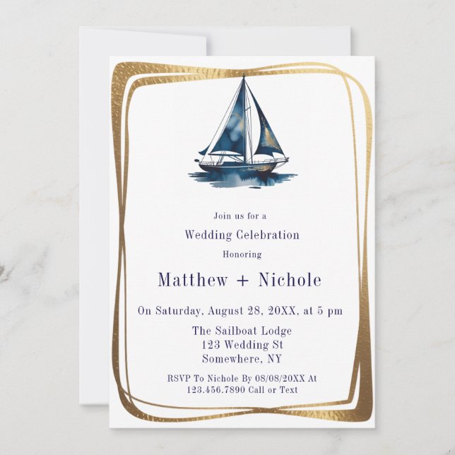 Invitation Blue & Gold Sailboat Nautical Wedding Celebration  (Devant)