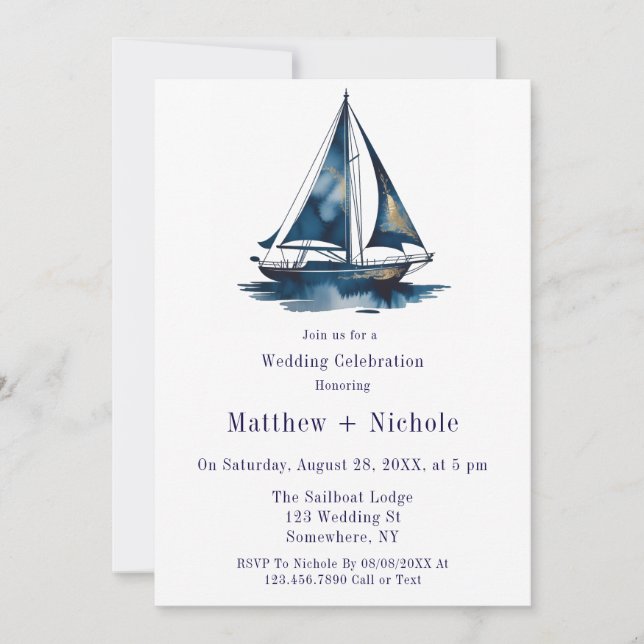Invitation Blue & Gold Sailboat Nautical Wedding Celebration  (Devant)