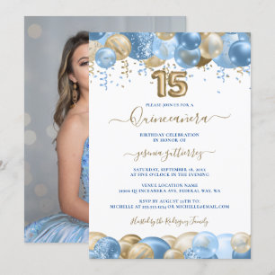 Invitation Blue Gold Sparkle Photo Quinceañera Balloon