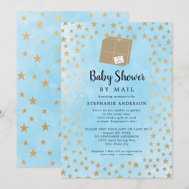 Invitation Blue Gold Star Boy Baby shower par courrier (Devant / Derrière)