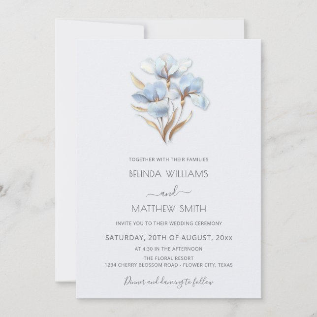 Invitation Blue Gold  Styleized Flowers Minimalist (Devant)