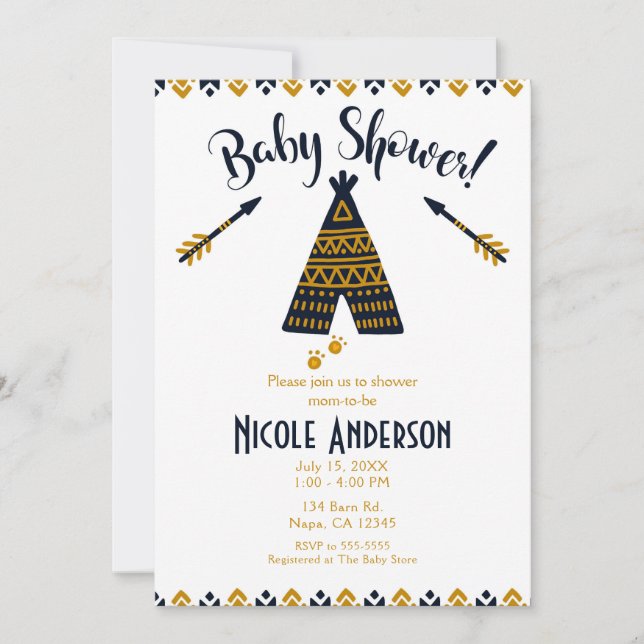 Invitation Blue & Gold Tepee Moderne Baby shower chic (Devant)