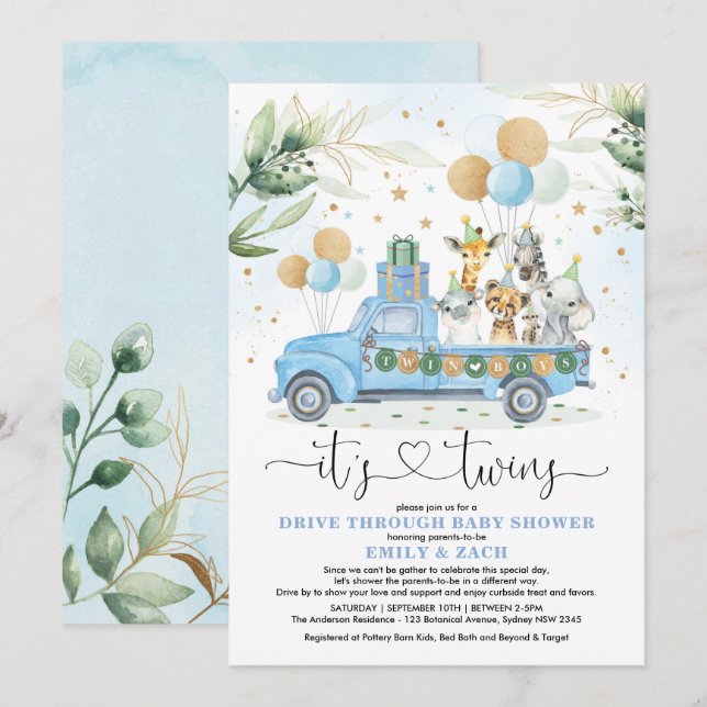 Invitation Blue Gold Twin Boys Jungle Drive Thru Baby shower (Devant / Derrière)