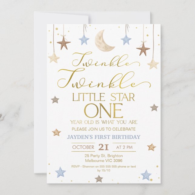Invitation Blue Gold Twinkle Little Star Photo Anniversaire (Devant)