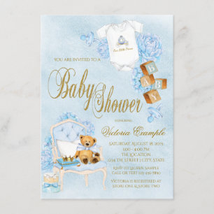 Invitation Blue Gold Watercolor Baby shower garçon