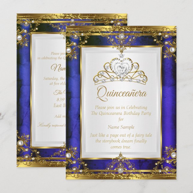 Invitation Blue Gold White Pearl Princess Quinceanera (Devant / Derrière)