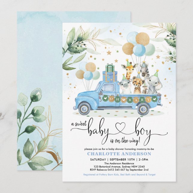 Invitation Blue Gold Wild Jungle Animal Sweet Baby Boy Douche (Devant / Derrière)
