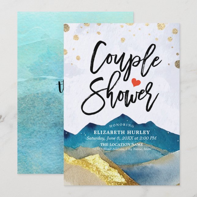 Invitation Blue Golden Mountains Couple Douche Wedding shower (Devant / Derrière)