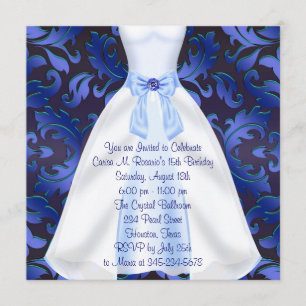 Invitation Blue Gown Blue Damask Quinceanera fête d'anniversa