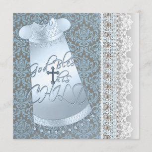 Invitation Blue Gown Brown Blue Damask Baby Boy Christening