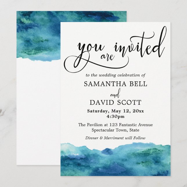 Invitation Blue Green Aqua Aquarelle Mariage moderne 2b (Devant / Derrière)