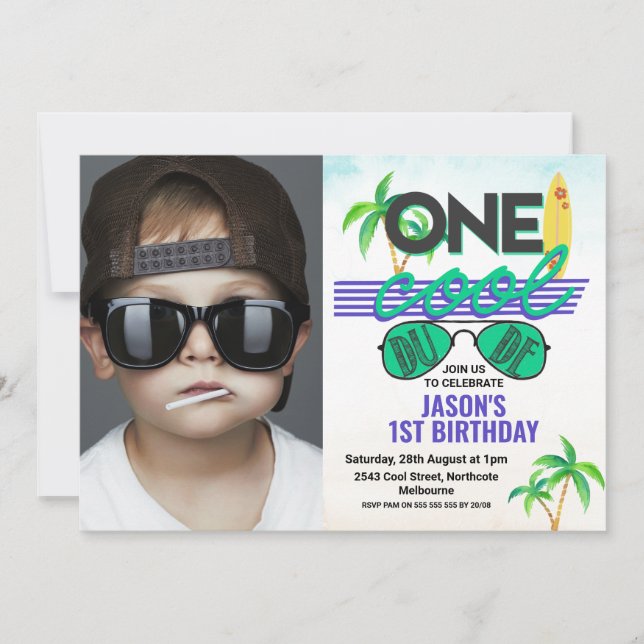 Invitation Blue Green Boys Cool Dude Photo 1er anniversaire (Devant)
