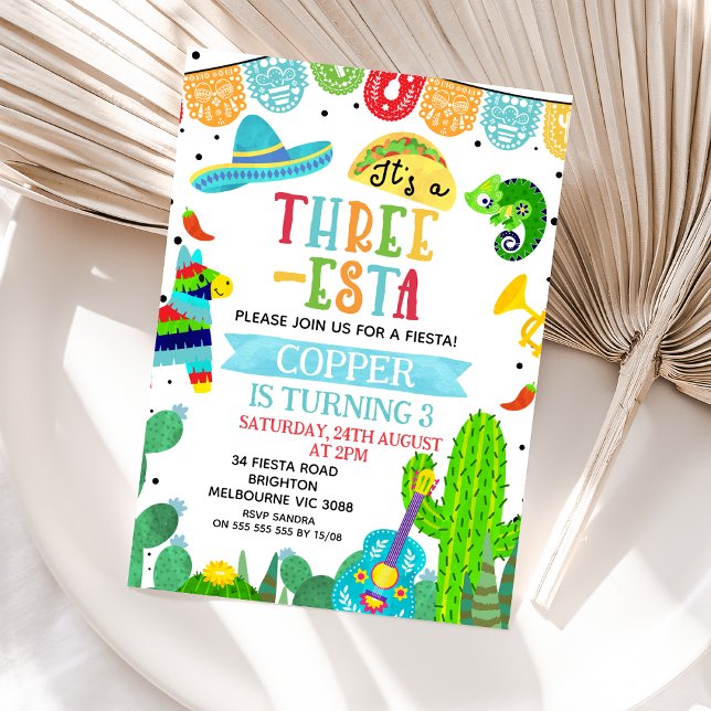 Invitation Blue Green C'est un anniversaire de fête de trois  (Three-esta Fiesta Boy Birthday Invitation, Threeesta Fiesta 3rd Birthday Invite, Mexican Fiesta )