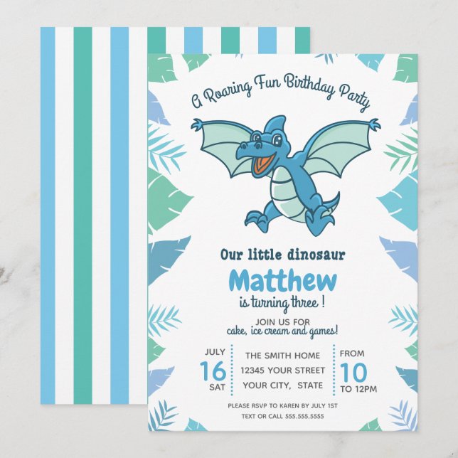 Invitation Blue Green Dinosaur fête d'anniversaire des enfant (Devant / Derrière)