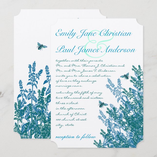 Invitation Blue Green Fleur sauvage Bumble Bee Wedding Invite (Devant / Derrière)