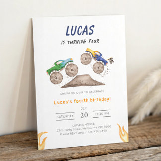 Invitation Blue & Green Monster Truck Birthday Party