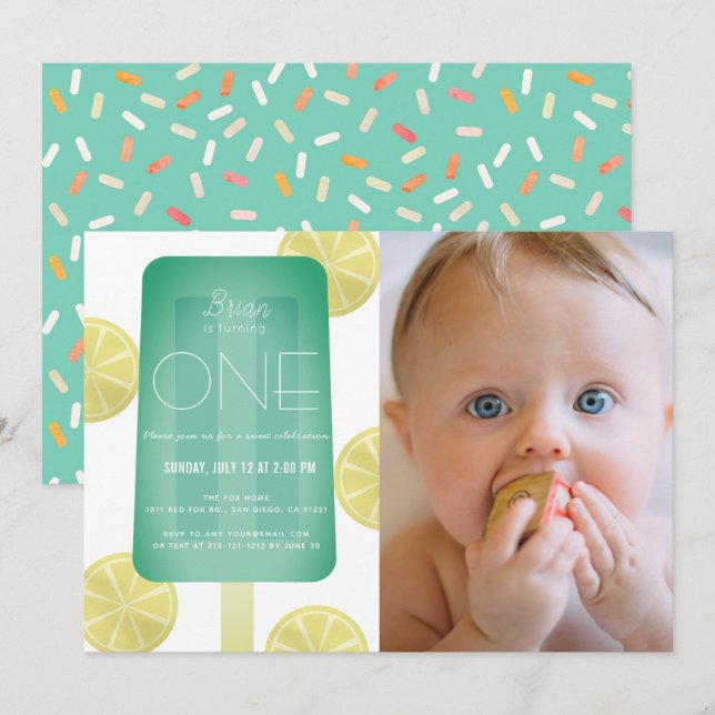 Invitation Blue Green Popsicle Boy Photo 1er anniversaire (Devant / Derrière)