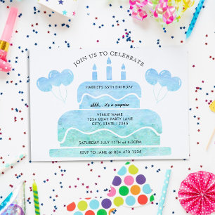 Invitation Blue Green Watercolor Cake Balloons 65e anniversai